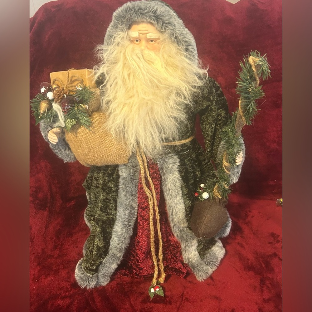 24” Santa Claus Figure in Maroon & Green Velvet W/Fur Trim, Sack, Staff